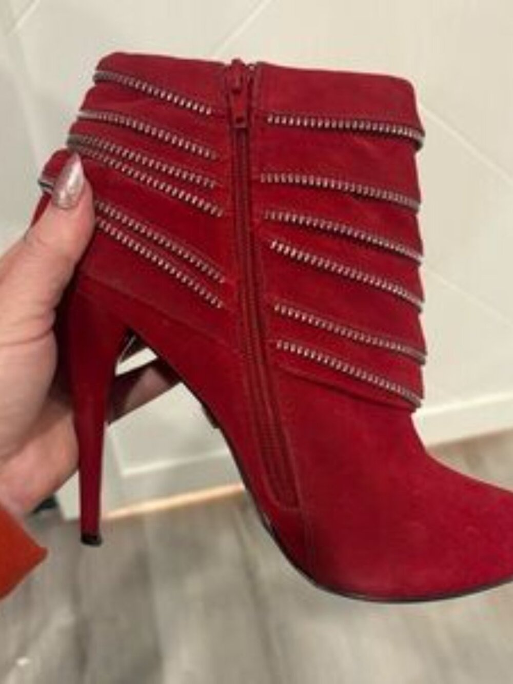 Red Faux Suede Y2K Pointed Toe Stiletto‎ Ankle Booties Side Zipper Heels Size 8 - Picture 6 of 10